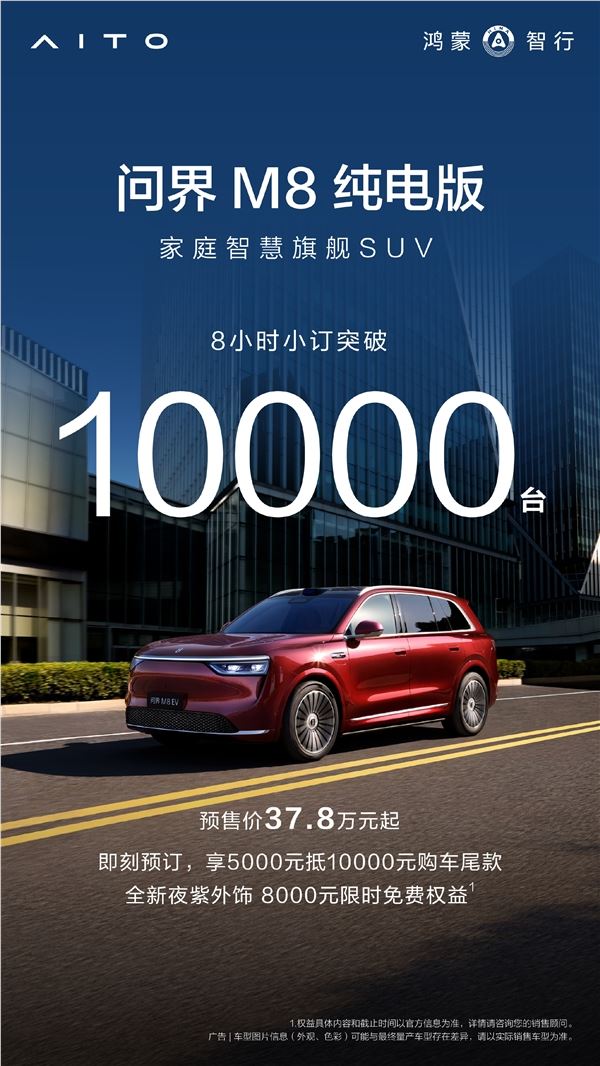 问界M8纯电预售8小时破万订单 起售价37.98万