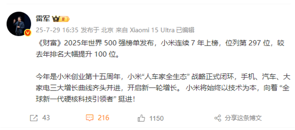 小米世界500强排名猛增100位 雷军称将成全球新一代硬核科技引领者插图