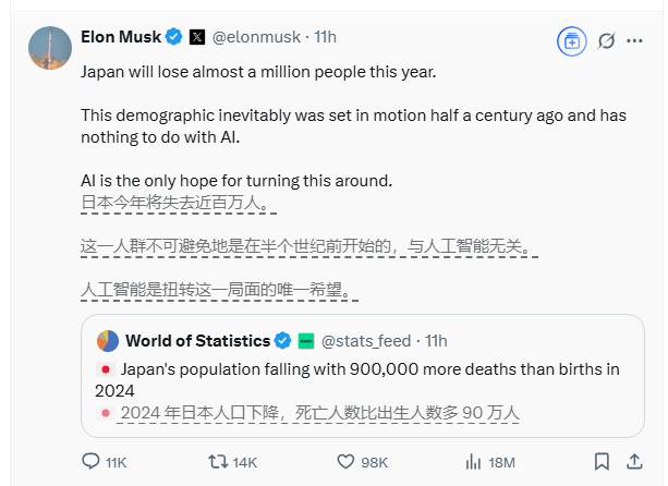 马斯克:AI是解决日本人口危机的唯一希望