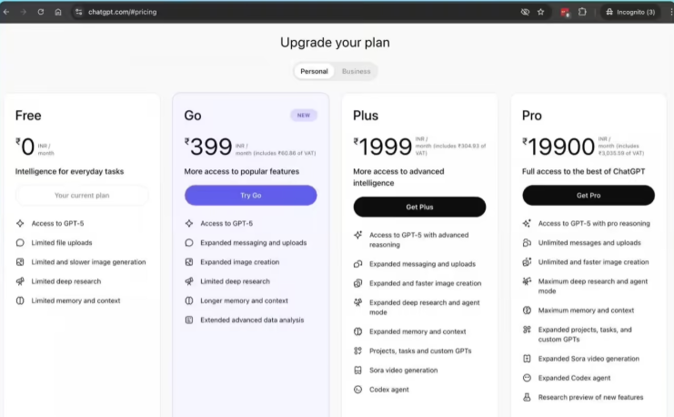 OpenAI推399卢比ChatGPT Go套餐 全球用户抢购插图1
