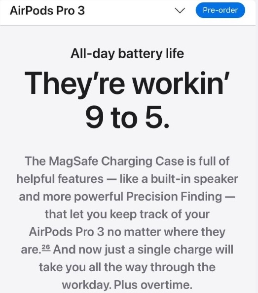 苹果中国区AirPods Pro 3文案变“从早到晚”续航升级引关注插图2 苹果中国区AirPods Pro 3文案变“从早到晚”续航升级引关注插图2