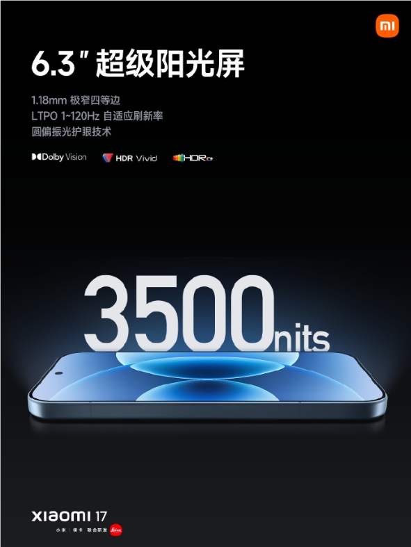 小米17超级阳光屏:3500nits峰值亮度 国际领先发光效率插图1 小米17超级阳光屏:3500nits峰值亮度 国际领先发光效率插图1