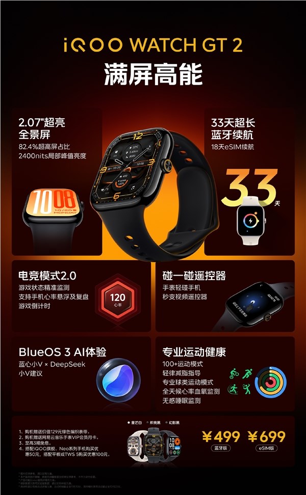 iQOO WATCH GT 2发布 499元起 2.07英寸大屏eSIM续航提升插图2