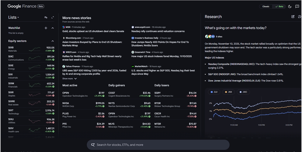 谷歌AI深度搜索升级版Finance:实时财报预测市场助你投资决策插图1 谷歌AI深度搜索升级版Finance:实时财报预测市场助你投资决策插图1