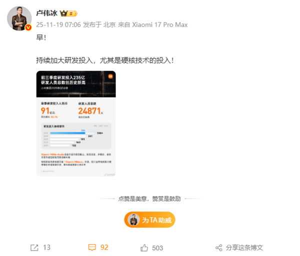 小米研发投入破300亿 卢伟冰强调硬核技术持续加码插图1 小米研发投入破300亿 卢伟冰强调硬核技术持续加码插图1