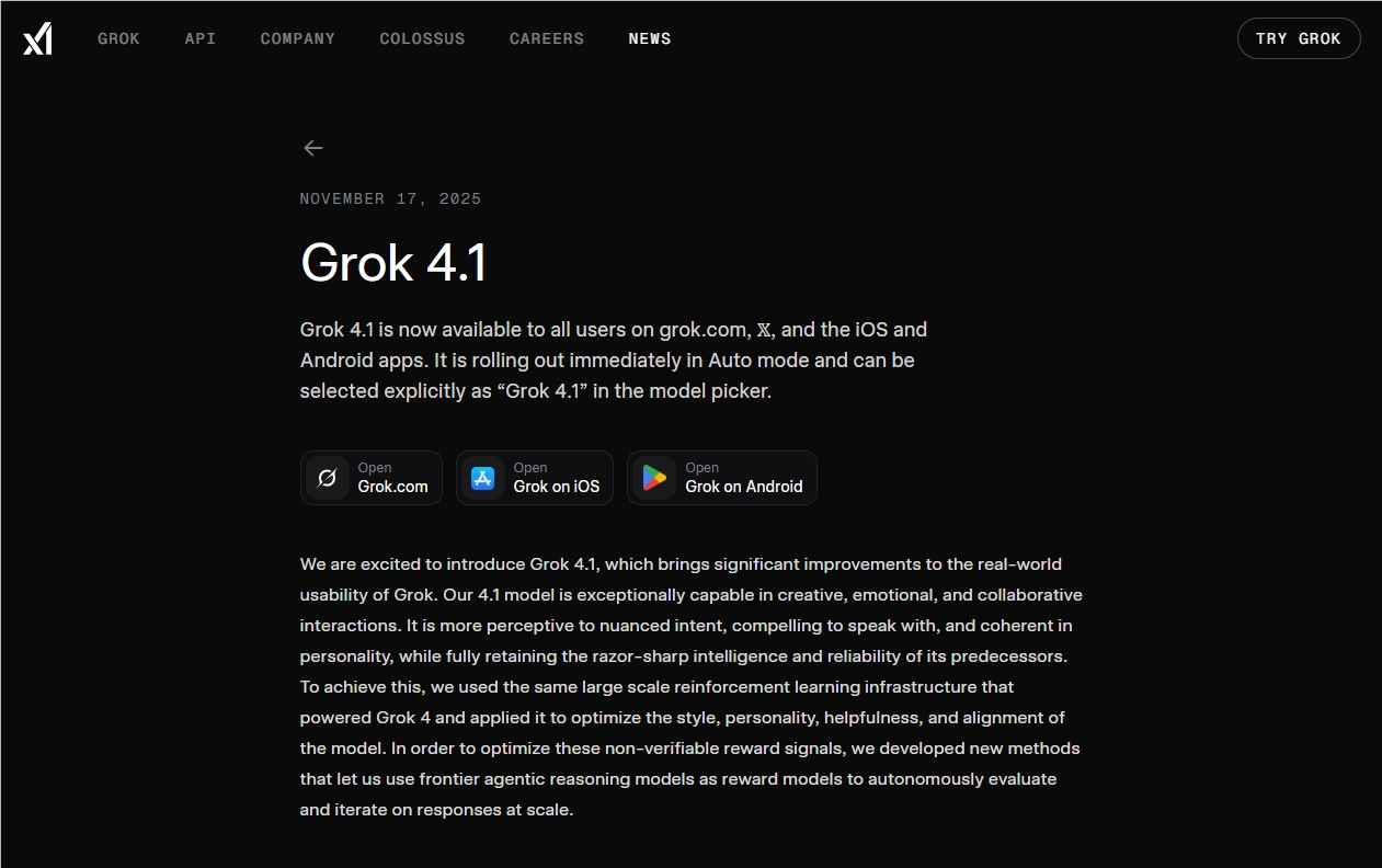 xAI Grok4.1发布:免费体验更高质量与速度的AI模型插图1 xAI Grok4.1发布:免费体验更高质量与速度的AI模型插图1