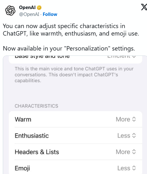 ChatGPT可手动“调温”了！OpenAI上线热情度滑块，用户可自定义AI的“情绪浓度”