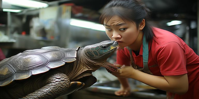 重庆女子饭店挑逗甲鱼被咬嘴唇 生气未就医引担忧