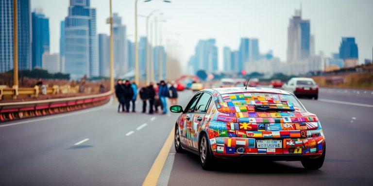 山东高速偶遇欧盟牌照小车 多国国旗引发网友热议