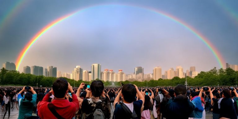 北京暴雨后罕见双彩虹出现 市民纷纷拍照留念