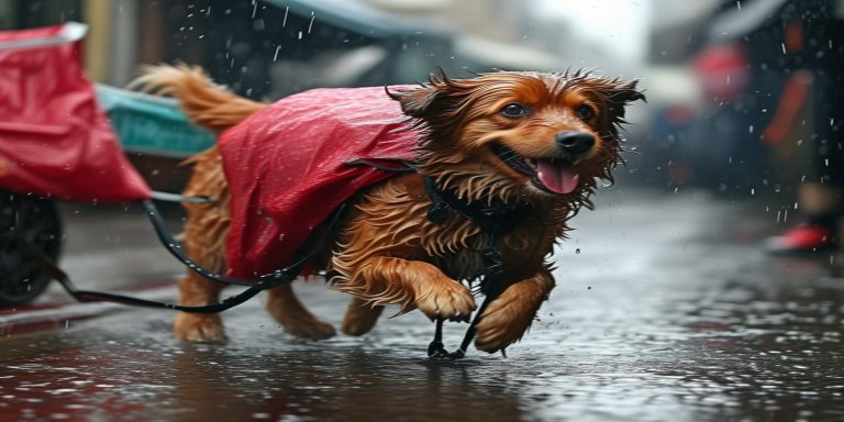 雨中狗狗挣断绳叼雨布盖芝麻 传递人与宠物深厚情感