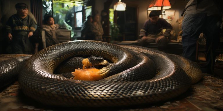 福建女子家中发现40斤蟒蛇吞食土鸡 吓出冷汗紧急求助消防