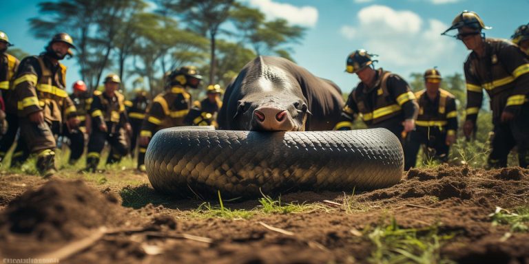 广东20斤蟒蛇吞牛犊 消防紧急处置安全放生