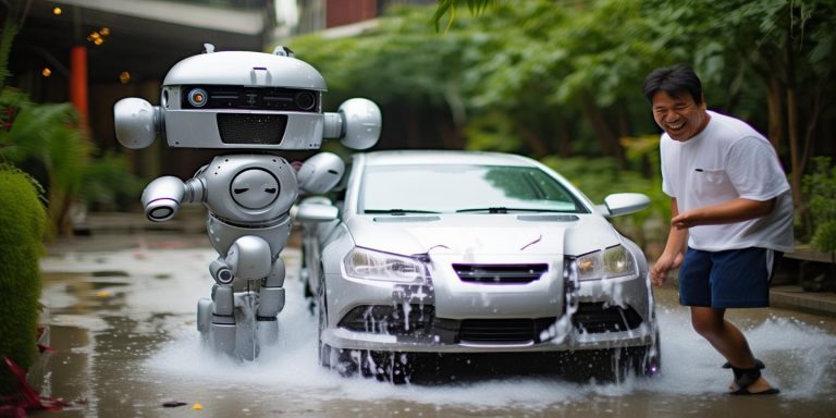 上海男子院中机器人洗车体验感爆棚虽不干净但乐趣十足