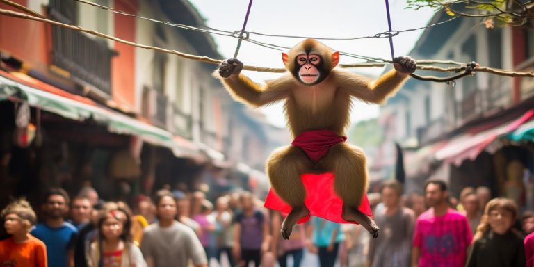 喇叭河杂技猴走钢丝耍飞引关注