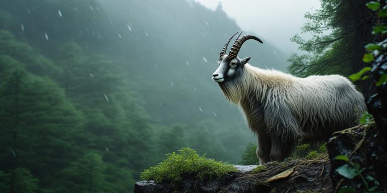 四川雨中偶遇岩羊 神秘山中精灵崖边静立