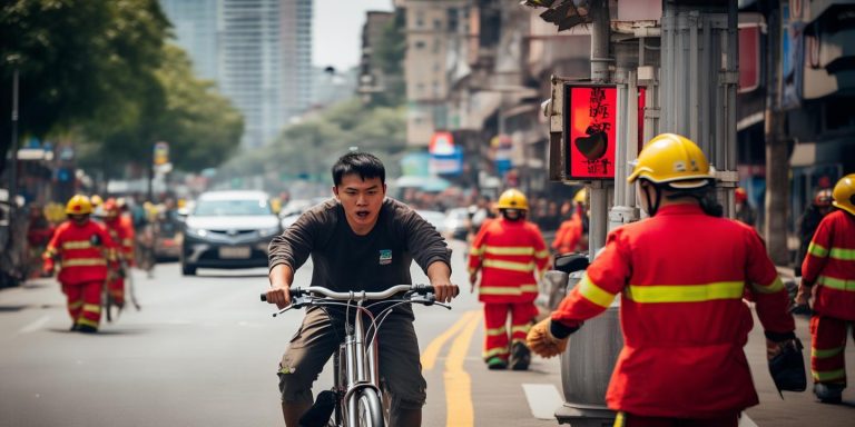 成都男子骑车玩手机被卡红绿灯 消防紧急救援