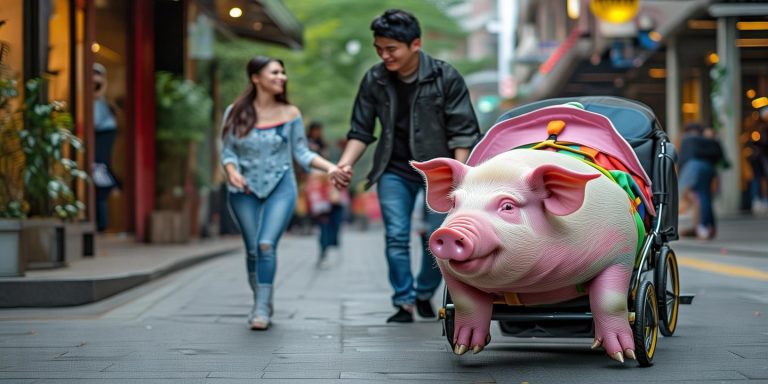 成都情侣街头遛130斤宠物猪生活条件太豪横