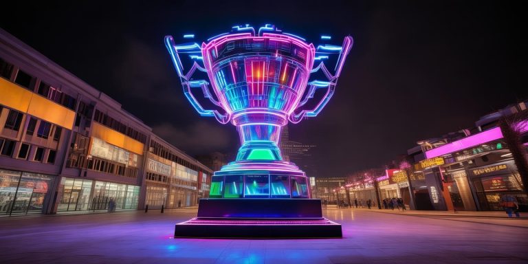 成都春熙路现10米LOL巨型奖杯雕塑 电竞DNA被点燃