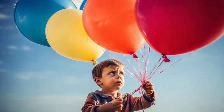 男孩剪断气球线寄思念天上爷爷