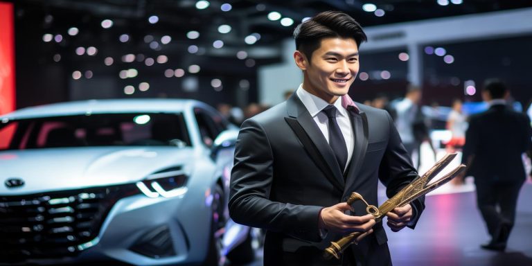 古天乐亮相乐道车展秀粤语 李斌回赠宝剑助寻秦记2热映