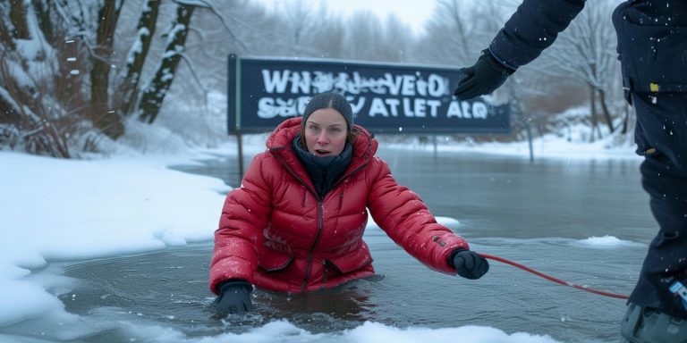 女子落水穿厚羽绒服获救 冬季河边安全警示