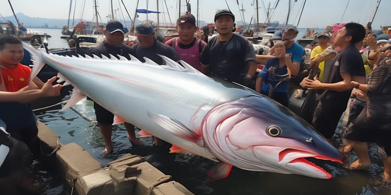 珠海男子钓获227斤巨型中华马鲛鱼引围观需五人抬