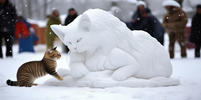 开封大爷雪雕逼真引真猫互动 网友笑称怀疑猫生