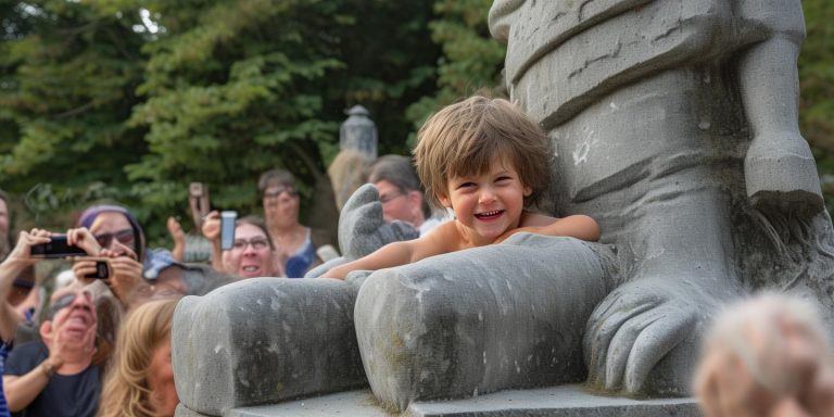 三岁男童卡石像怀中哭闹 网友调侃天选之子引安全警示