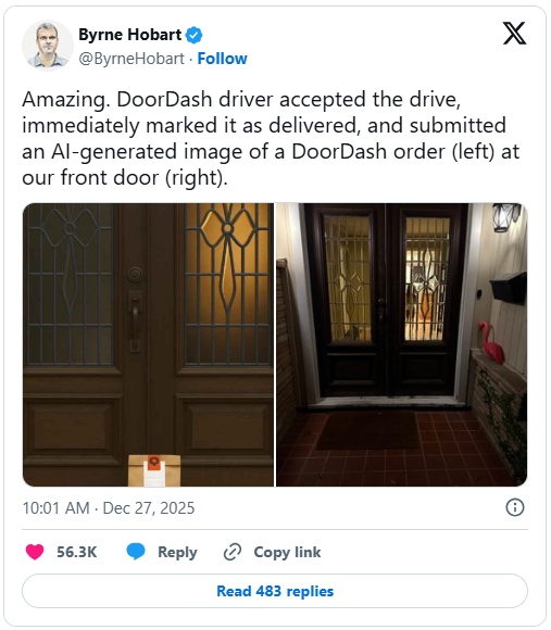 DoorDash司机AI伪造送餐照片被封号 平台首例AI欺诈案引爆网络插图1