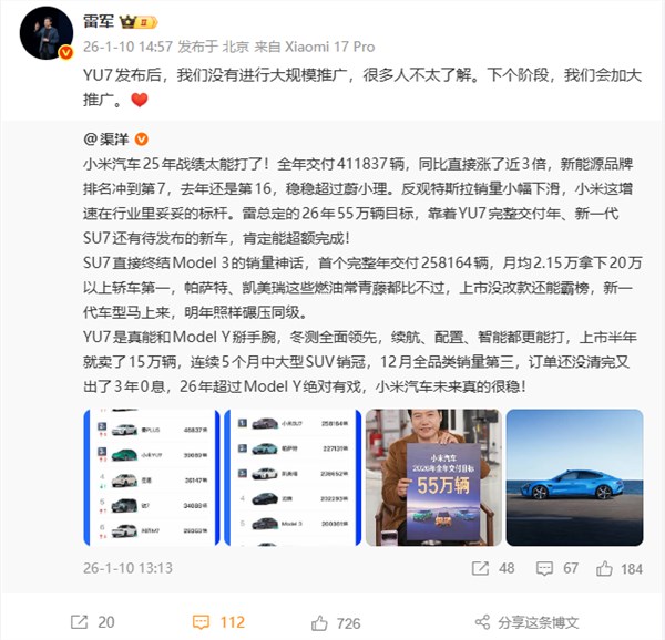 小米YU7半年狂卖15万辆 雷军：加大推广释放市场潜力插图1