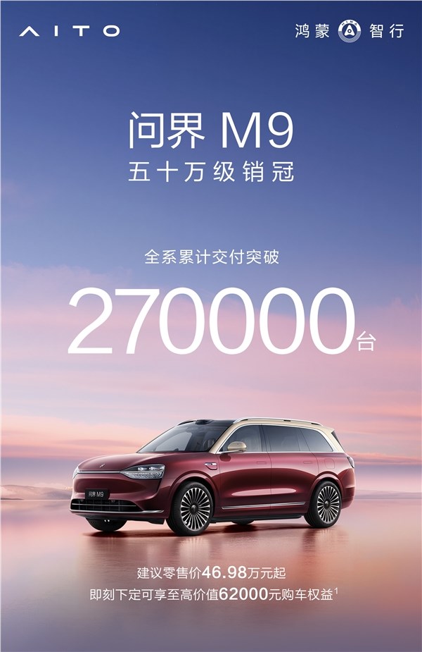 50万以上市场每卖10辆它独占7辆！问界M9累计交付27万辆