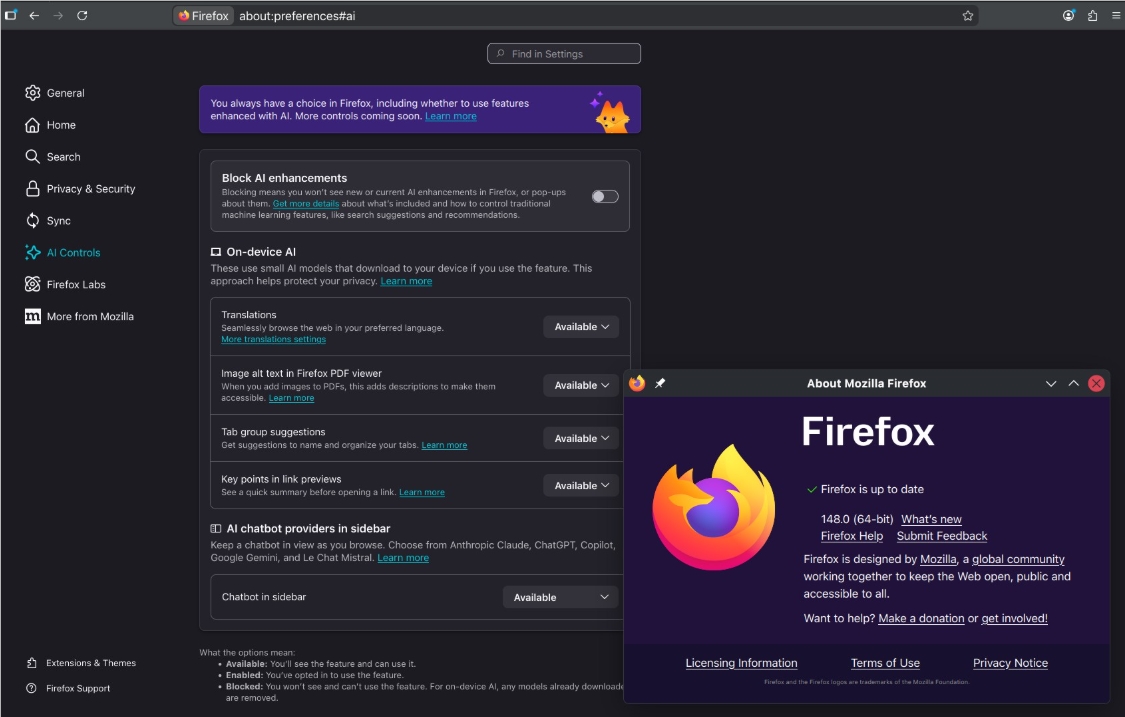 Firefox 148 正式版上线 一键屏蔽 AI 功能 用户掌控时代来临插图1 Firefox 148 正式版上线 一键屏蔽 AI 功能 用户掌控时代来临插图1
