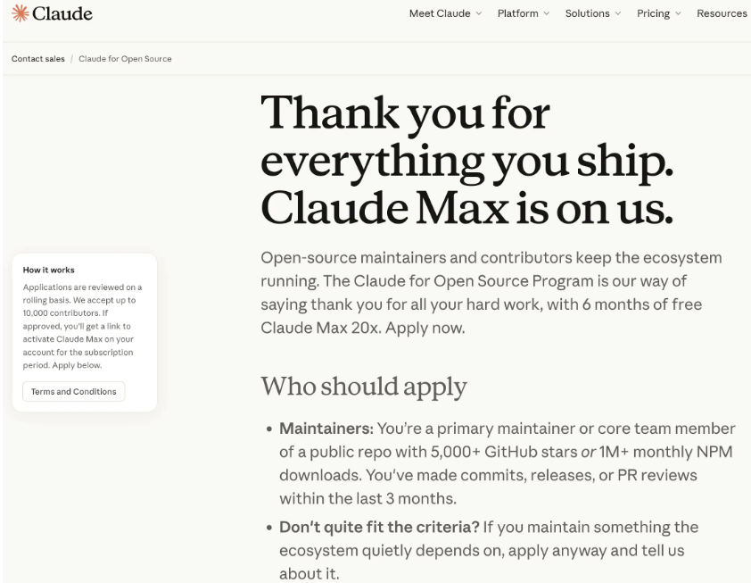 Anthropic推出Claude开源支持计划 免费提供6个月Claude Max20x算力插图1