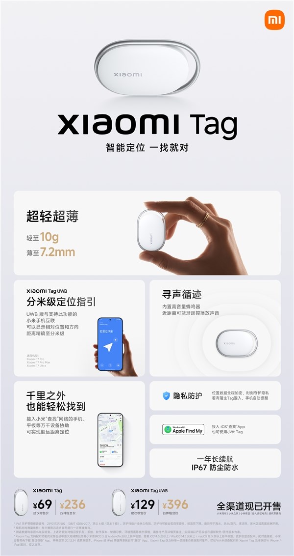小米推出Xiaomi Tag国行版：BLE蓝牙版69元、UWB版129元