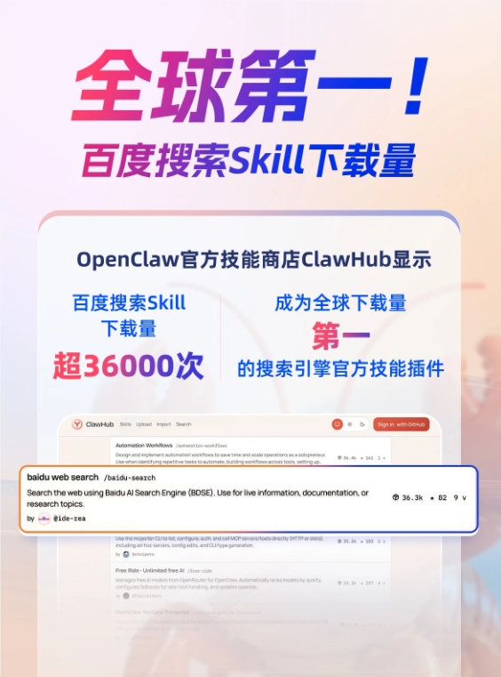 百度搜索Skill登顶ClawHub下载量全球第一