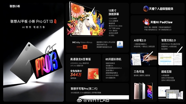联想小新Pro 13/Pro GT 13发布：13英寸高性价比平板 1870元起