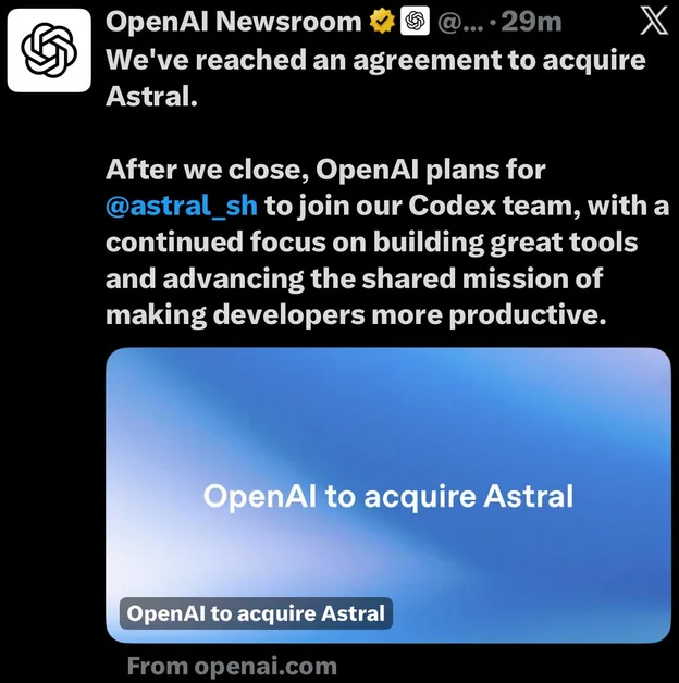 OpenAI收购Astral强化Codex优势应对AI编程竞争扩张版图插图1 OpenAI收购Astral强化Codex优势应对AI编程竞争扩张版图插图1