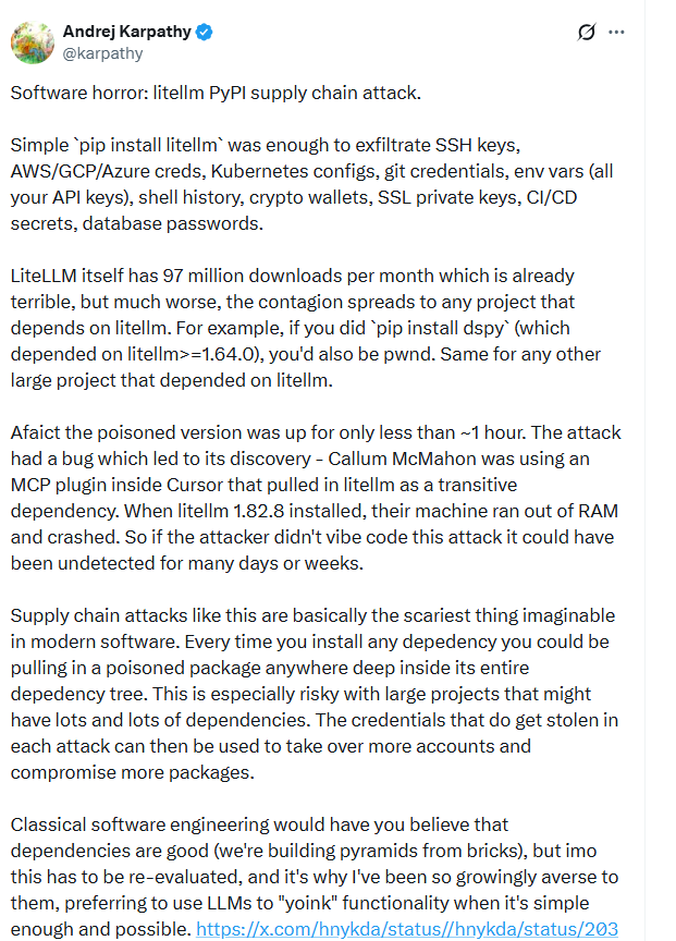 AI 圈惊现“教科书级”投毒：Karpathy 发帖警告，千万级神库 litellm 中招