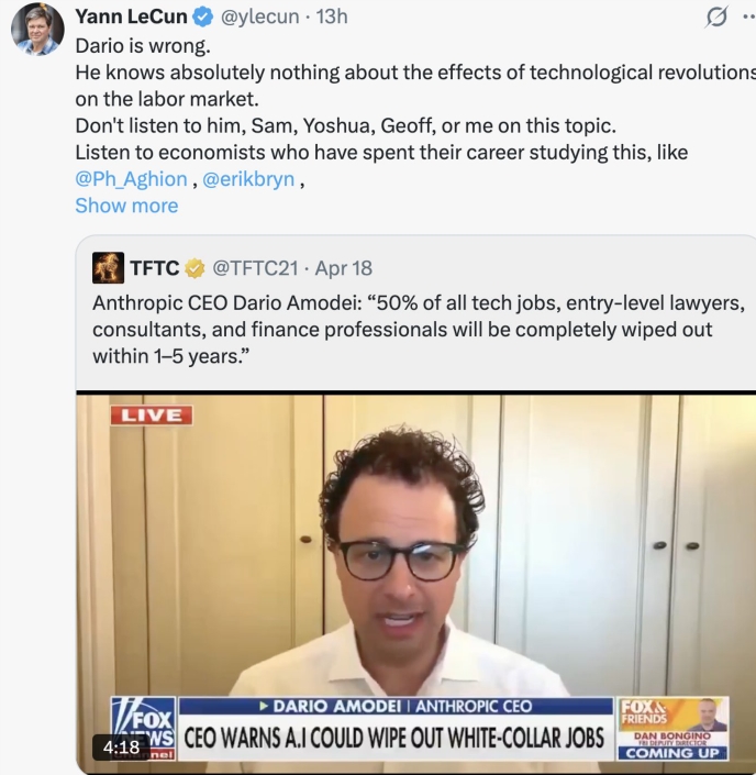 杨立昆直指Anthropic CEO言论误导 AI替代论引发社会恐慌担忧插图1