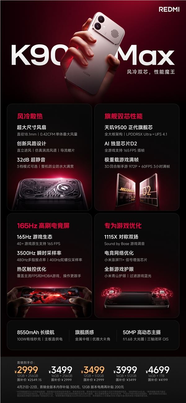 小米首款风冷旗舰 416万最强天玑！REDMI K90 Max发布：补贴价2549元起