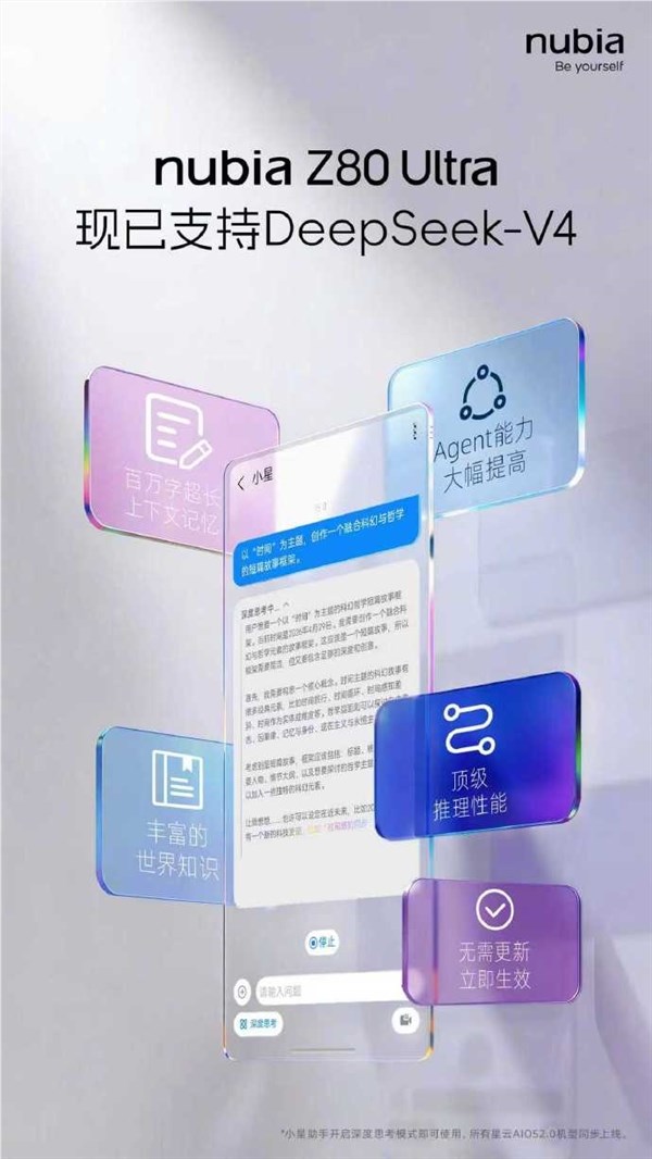 努比亚Z80 Ultra官宣接入DeepSeek V4：不用更新系统就能用