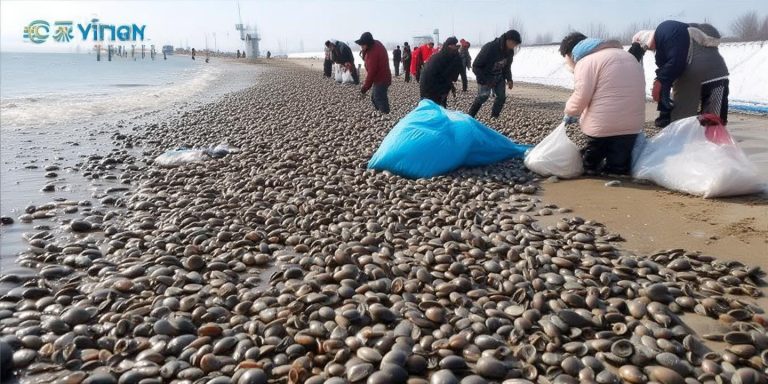 烟台暴雪后海边蛏子泛滥 市民麻袋捡拾免费美食