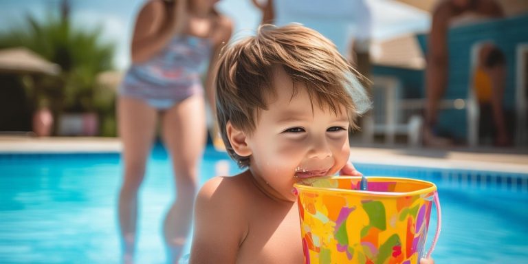 4岁男孩泳池边喝水桶装水被拍 网友担忧家长及时制止