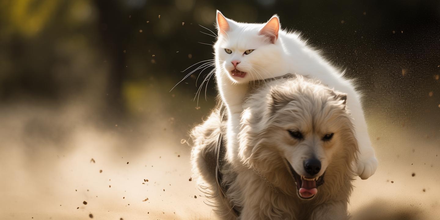 白猫勇斗流浪狗护友 狼狈逃窜后霸气骑狗离场