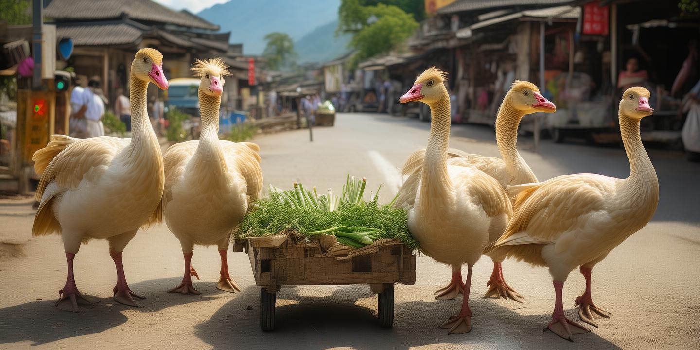 贵州五年灵性大鹅帮主人卖菜拉车守摊看红绿灯过马路