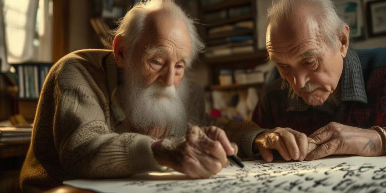 百岁父亲认真检查书法 81岁儿子紧张搓手引热议