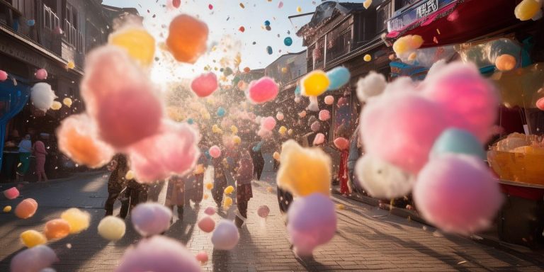 贵州六盘水街头棉花糖飞舞 小朋友欢乐追逐甜蜜雨