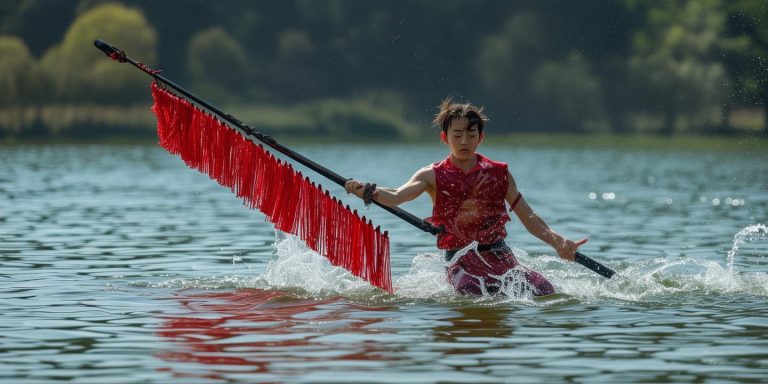 00后少年水上舞红缨枪展现青春与传统武术完美融合