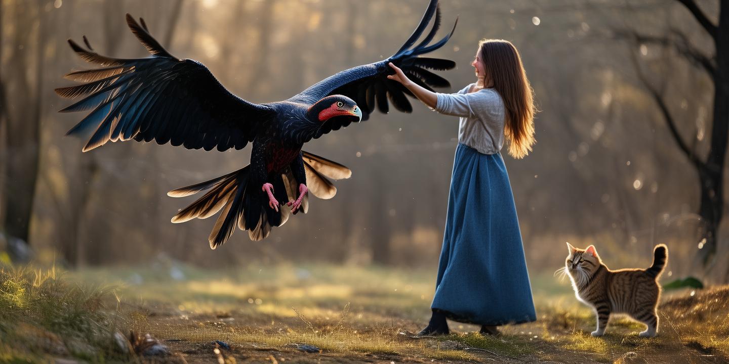 猛禽飞入女子怀里依偎猫咪震惊轻抚后放飞